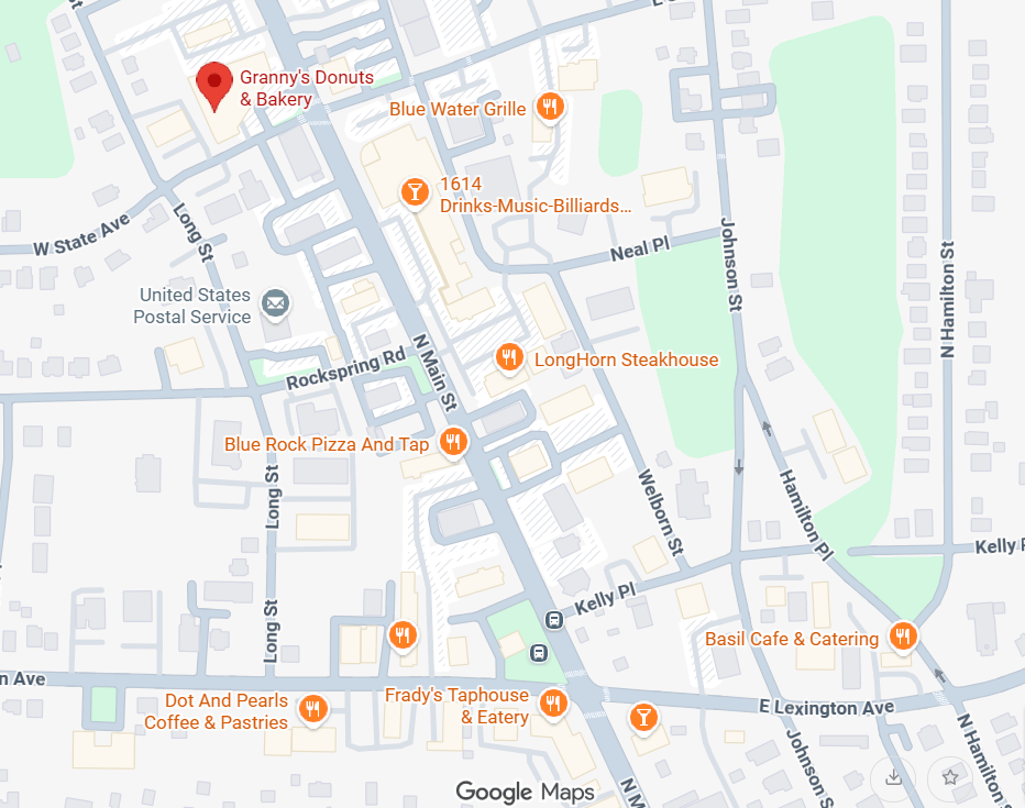 Map showing various locations including Granny's Donuts & Bakery, Blue Water Grille, and LongHorn Steakhouse in a city layout.
