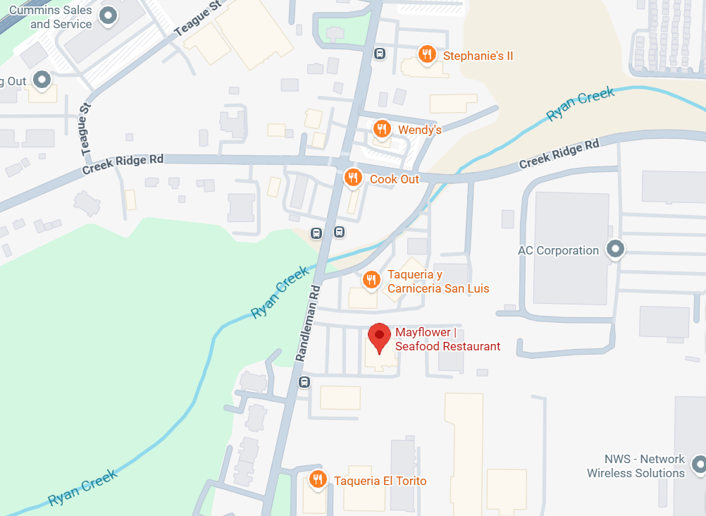 Map showing the location of Mayflower Seafood Restaurant along with nearby businesses and streets.