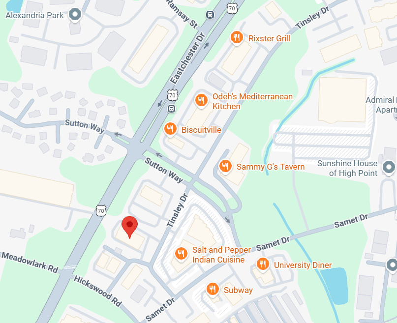 Map showing the intersections of Eastchester Drive and Sutton Way, highlighting nearby restaurants and notable locations.