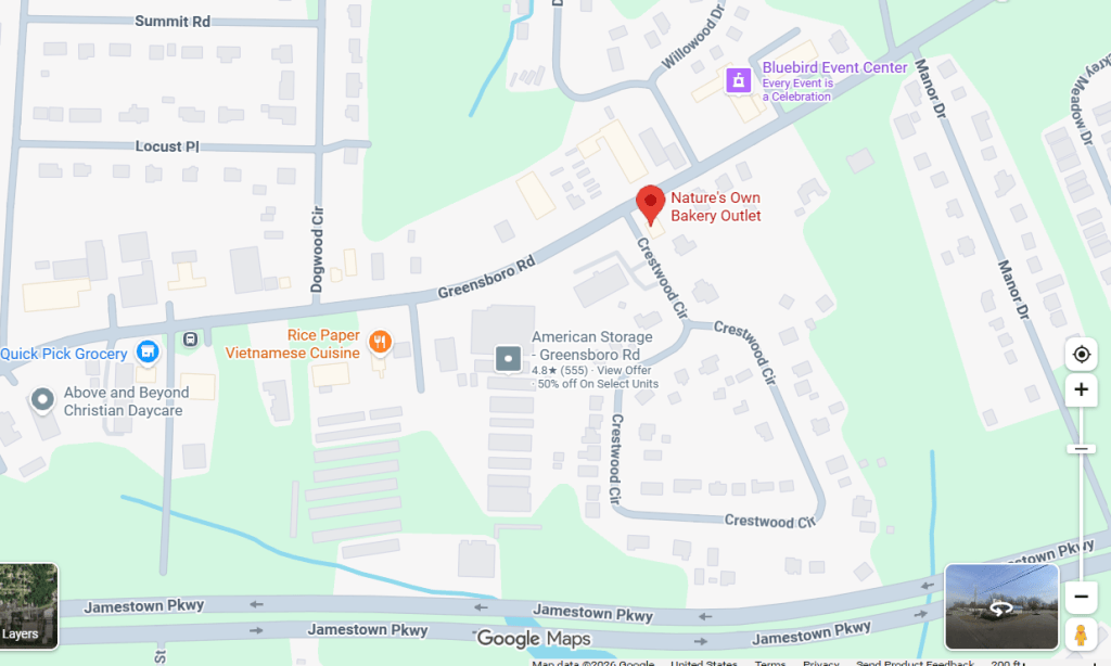 Map showing locations of Nature's Own Bakery Outlet, Rice Paper Vietnamese Cuisine, and American Storage on Greensboro Road.