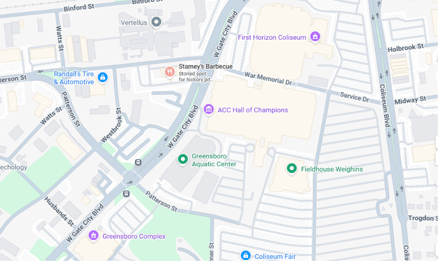 A map showing streets and landmarks in Greensboro, including First Horizon Coliseum, ACC Hall of Champions, Greensboro Aquatic Center, and Fieldhouse Weighins.