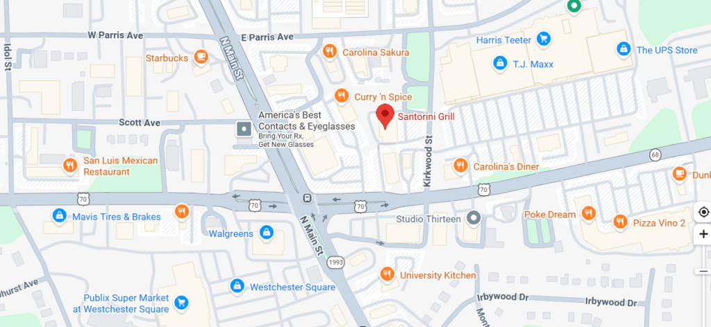 Map showing a local area with various businesses including restaurants and retail stores, highlighting Santorini Grill.